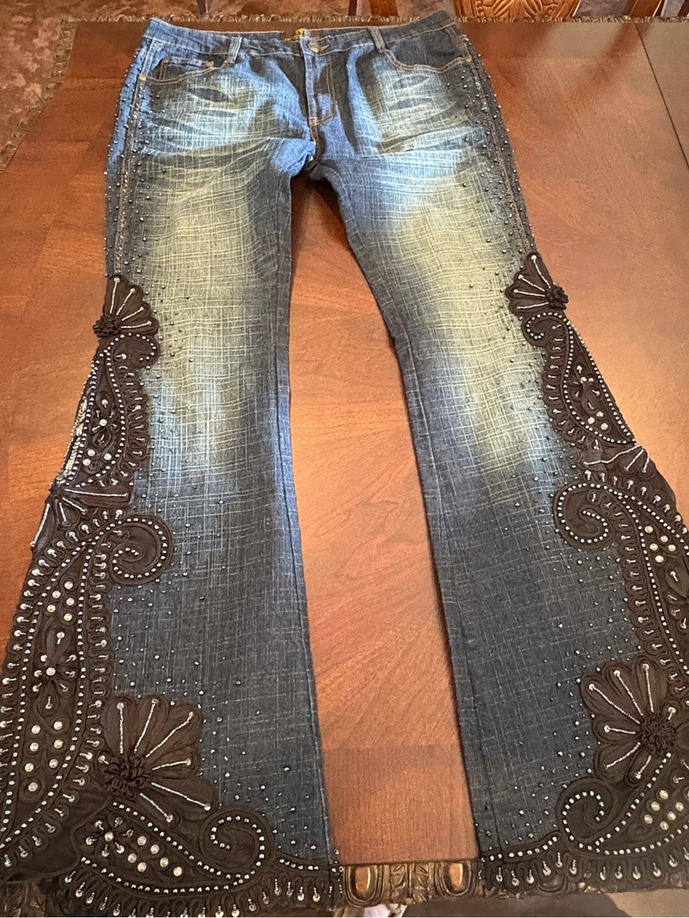 Embellished Dark Denim Flare Jeans with Black Appliqué